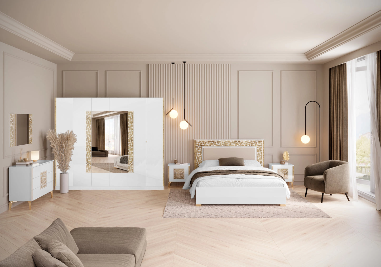 Chambre complète blanc doré brillant design – STELLA