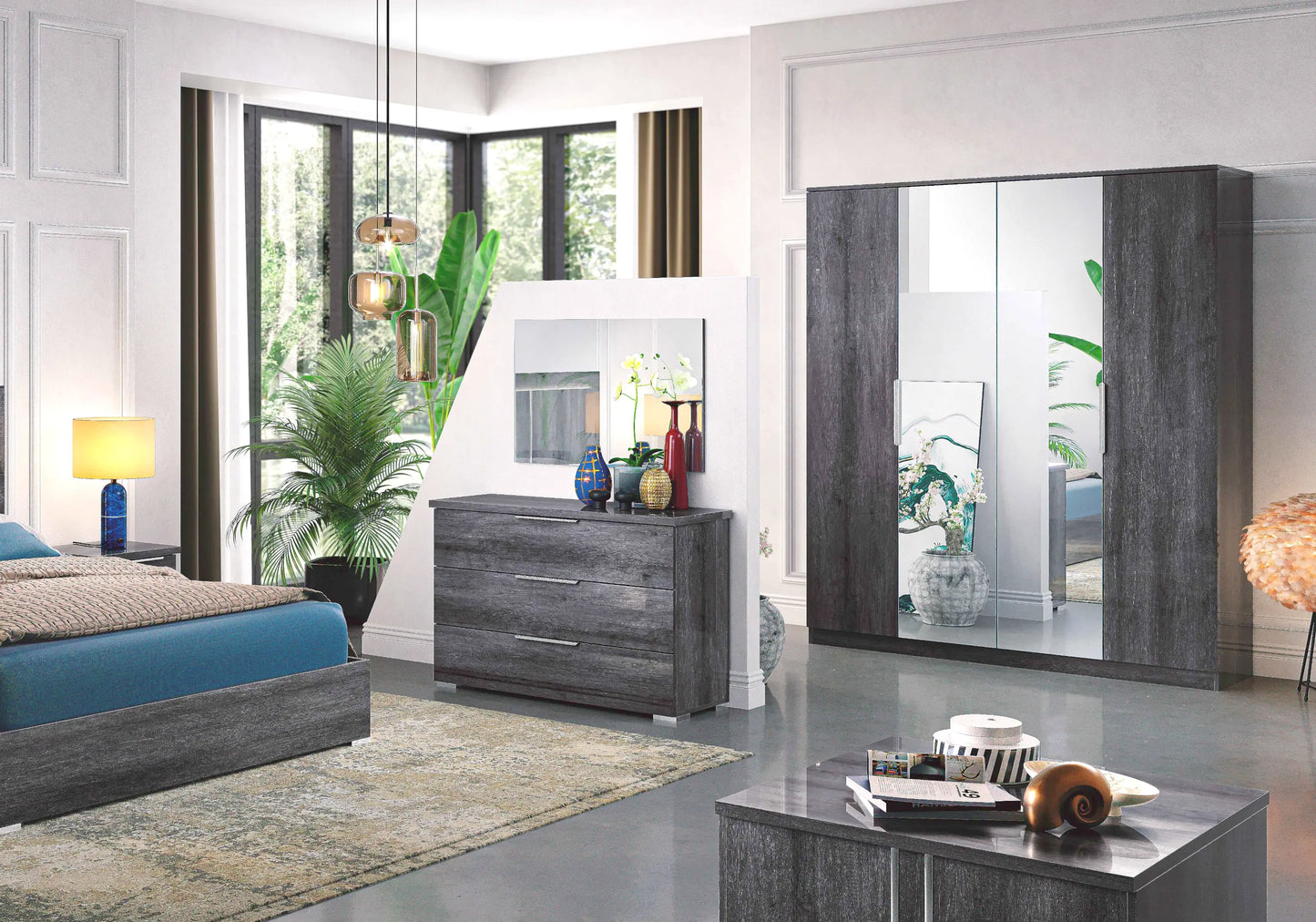 Chambre complète capitonnée bois gris foncé – LUNA