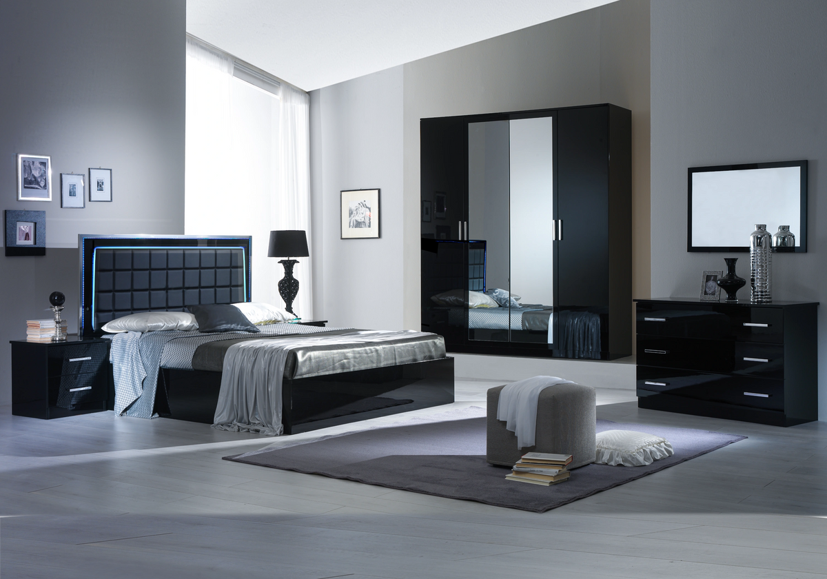 Chambre complète noire laquée capitonnée LED - LUCIA