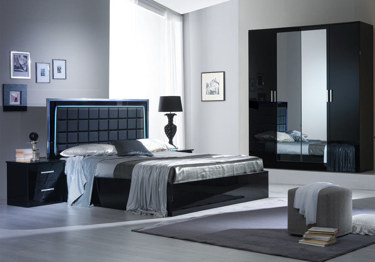 Chambre complète noire laquée capitonnée LED - LUCIA