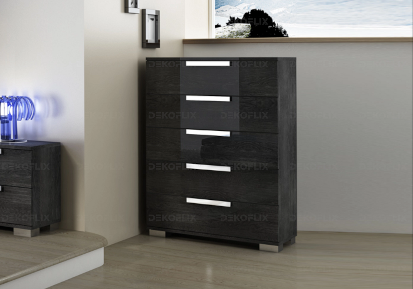 Chiffonnier Sarah 5 Tiroirs en Bois de Bouleau Gris - DEKOFLIX
