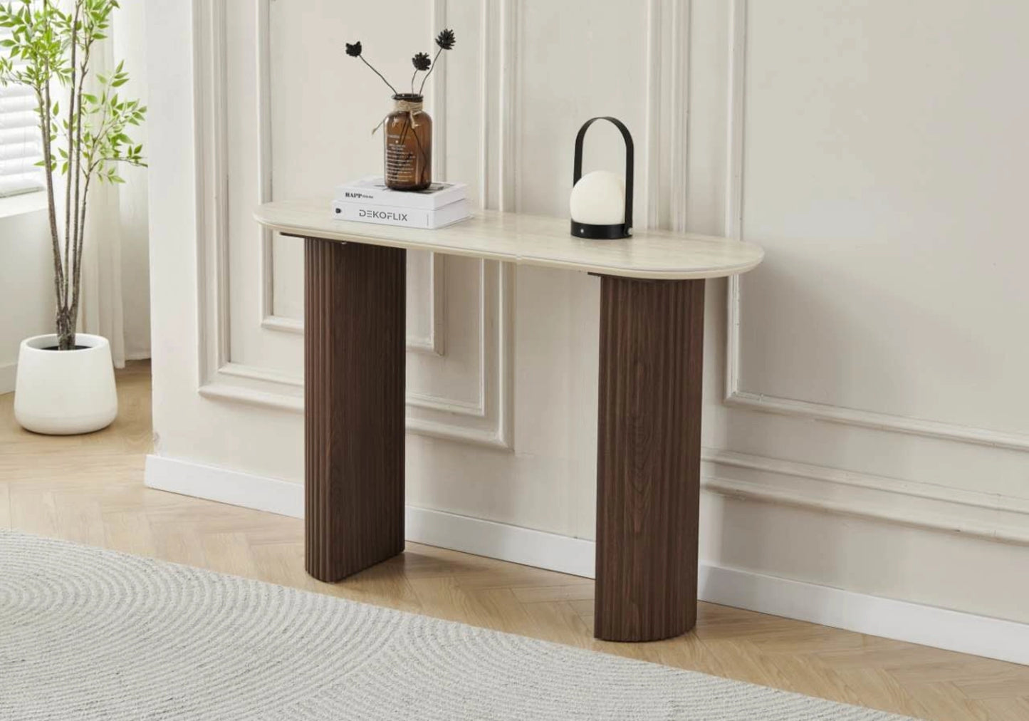 Console travertin ovale pieds cannelés noyer - TERRA