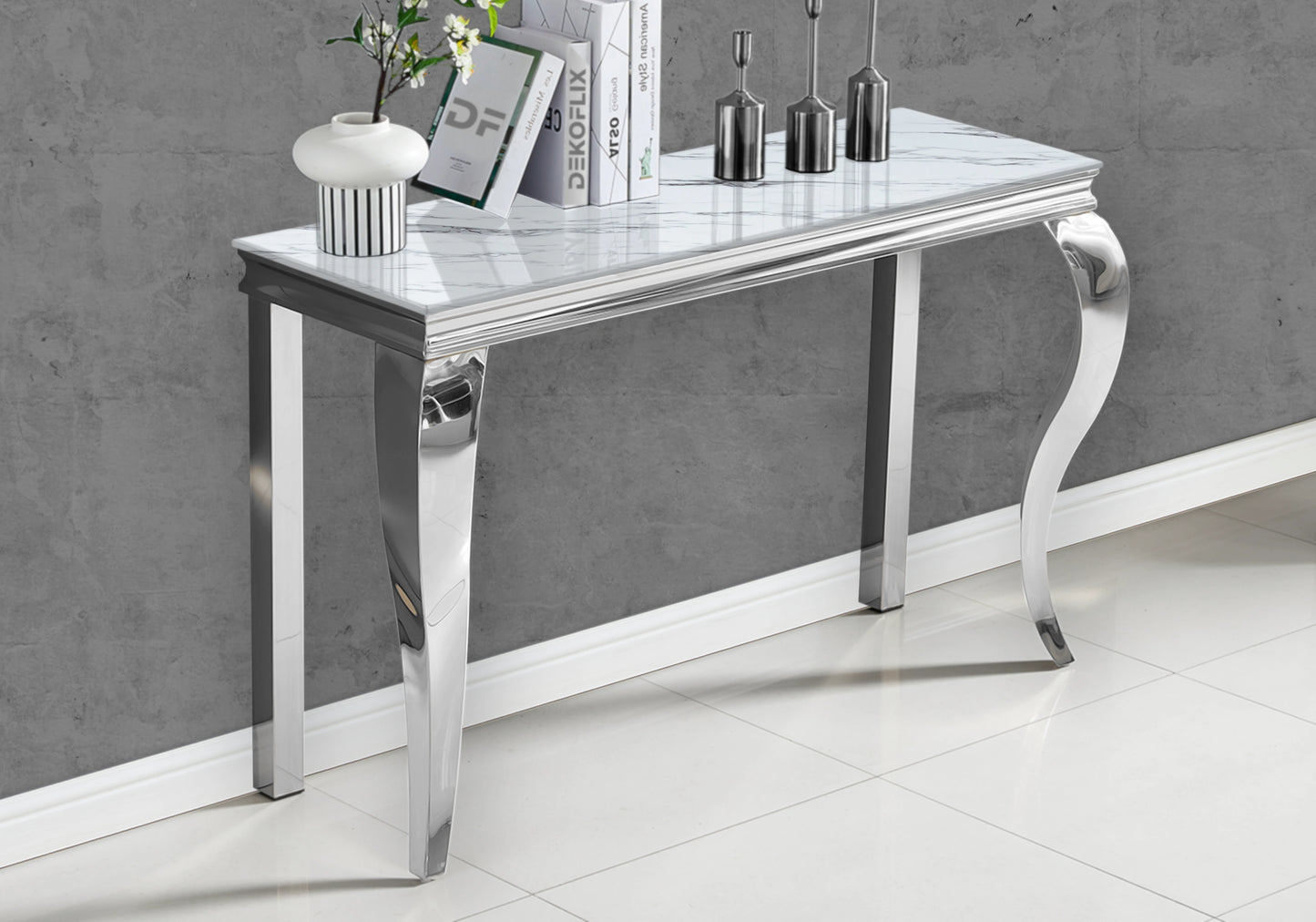 Table marbre blanc et chaises simili-cuir noir argent – NEO