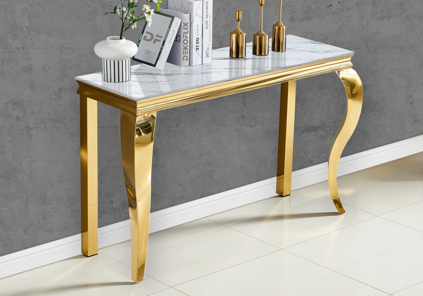 Table marbre blanc et chaises velours gris doré – NEO