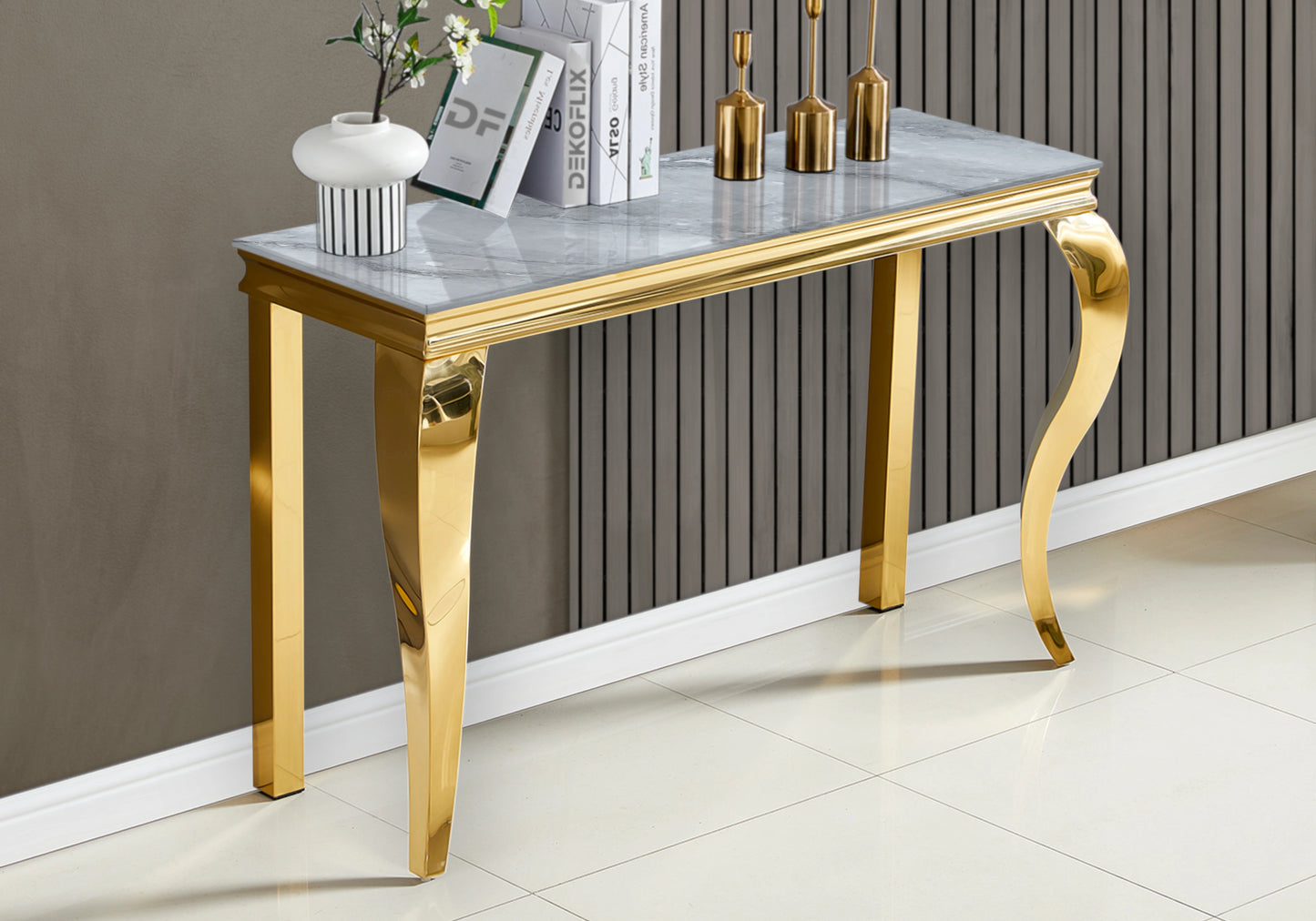 Meuble TV marbre gris pied doré – NEO