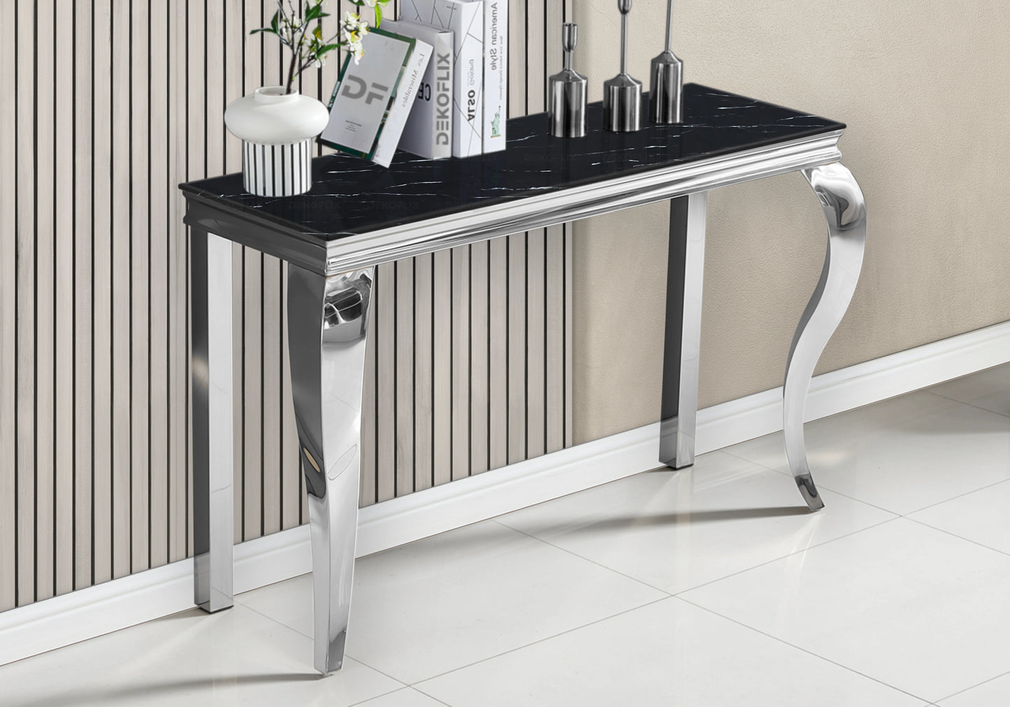 Table marbre noir et chaises velours noir argent - NEO