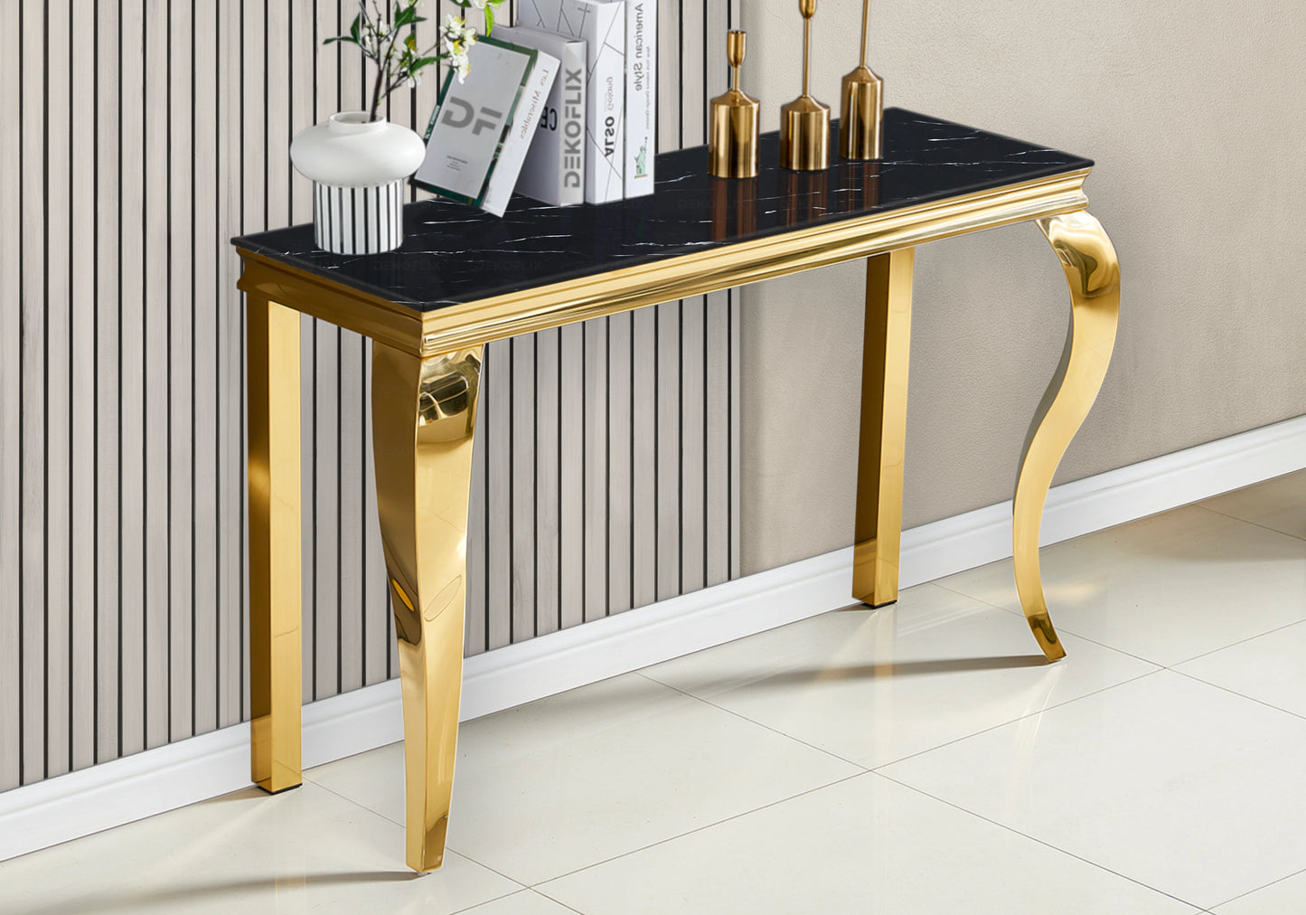 Salle à manger marbre noir chaises simili-cuir blanc doré - NEO