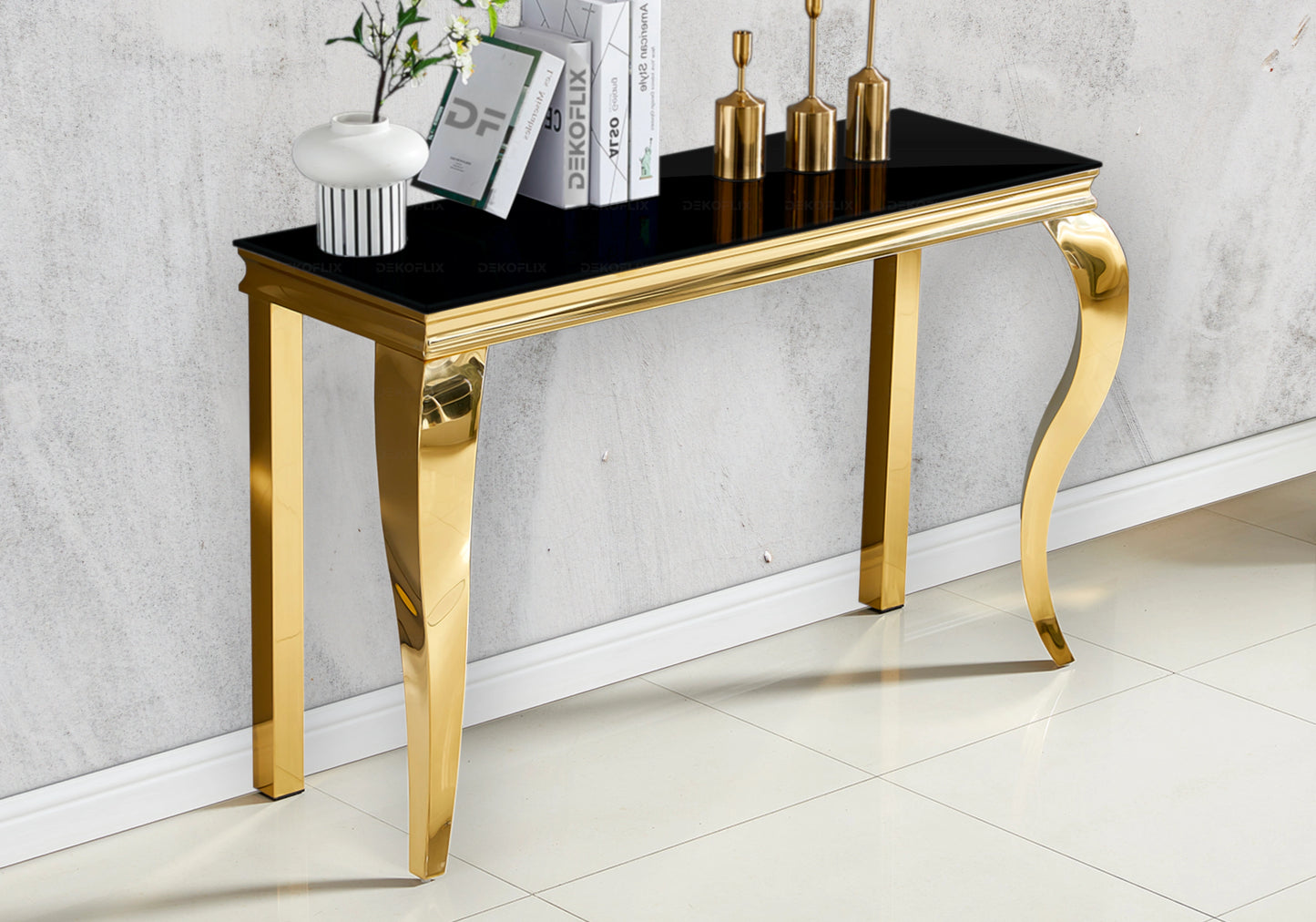 Table verre noir et chaises simili-cuir blanc doré – NEO