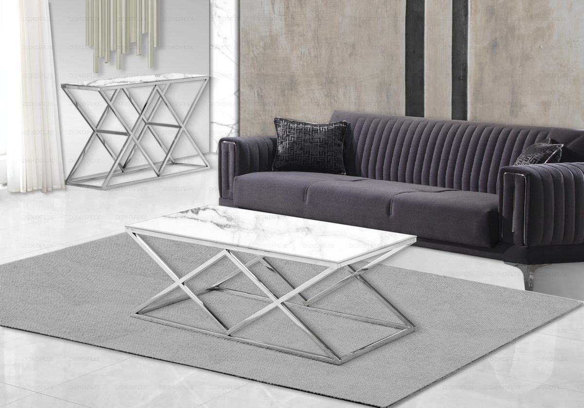 Table basse chromée marbre blanc design ERLY - DEKOFLIX