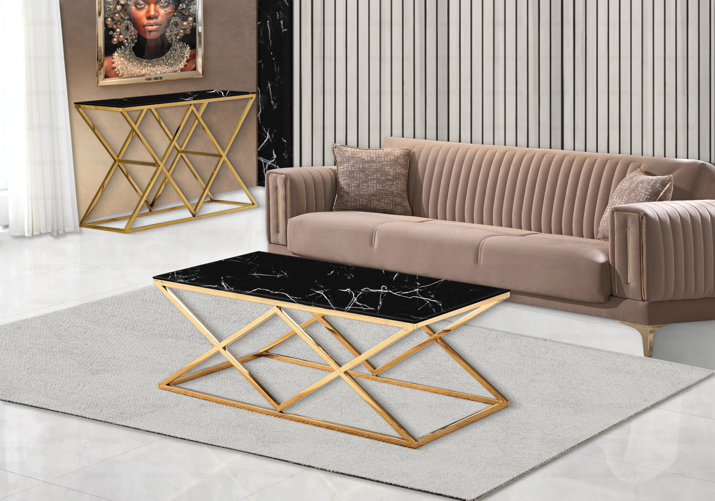Salle à manger marbre noir et Chaises velours anthracite doré ERLY - DEKOFLIX