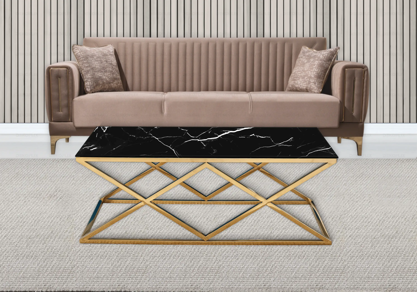 Salle à manger marbre noir et Chaises velours anthracite doré ERLY - DEKOFLIX