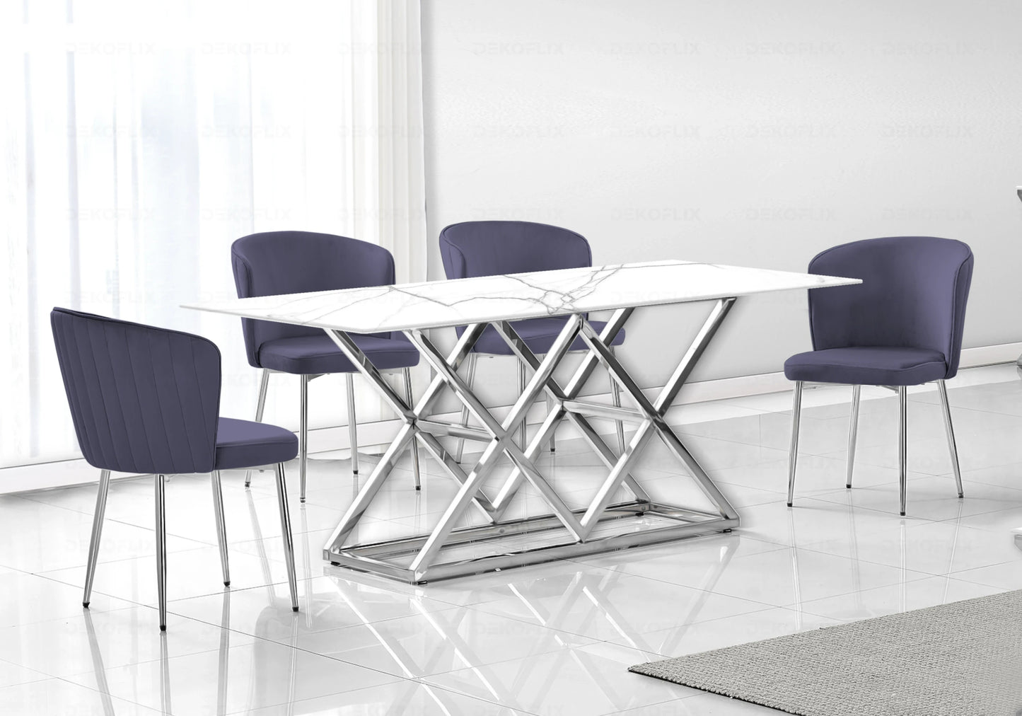 Salle à manger marbre blanc et Chaises velours anthracite chromé ERLY - DEKOFLIX