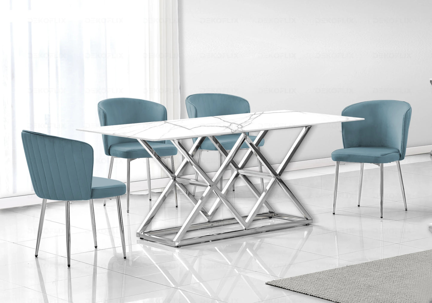 Salle à manger marbre blanc et Chaises velours bleu chromé ERLY - DEKOFLIX