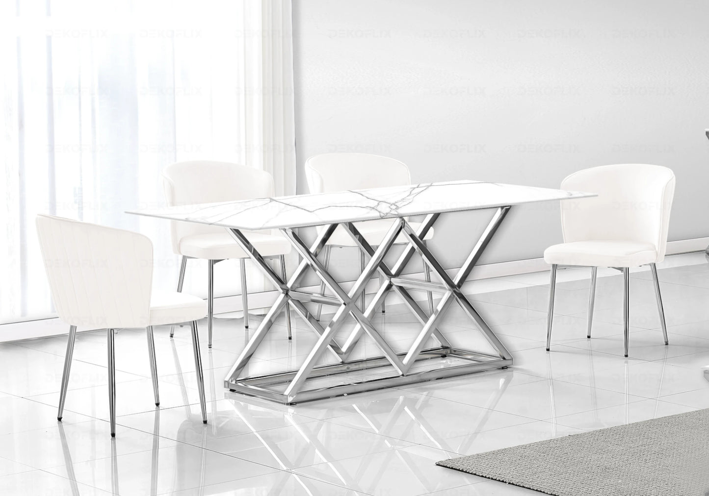 Salle à manger marbre blanc et Chaises velours écru chromé ERLY - DEKOFLIX