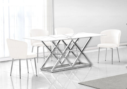 Salle à manger marbre blanc et Chaises velours écru chromé ERLY - DEKOFLIX