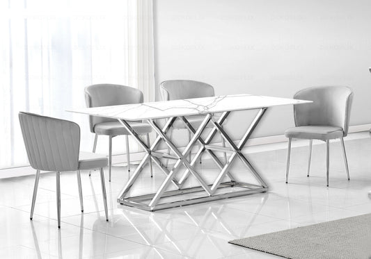 Salle à manger marbre blanc et Chaises velours gris chromé ERLY - DEKOFLIX