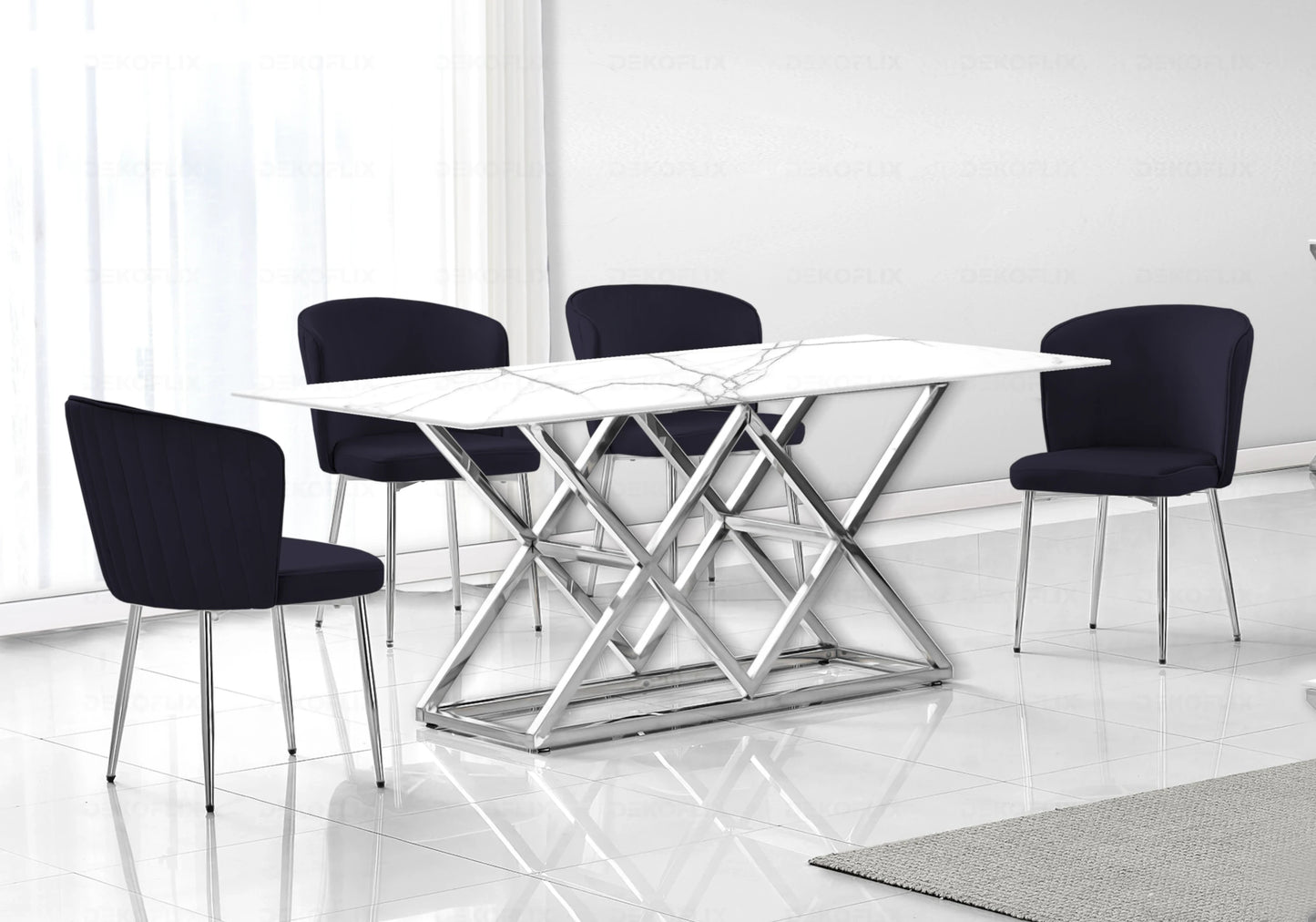 Salle à manger marbre blanc et Chaises velours noir chromé ERLY - DEKOFLIX
