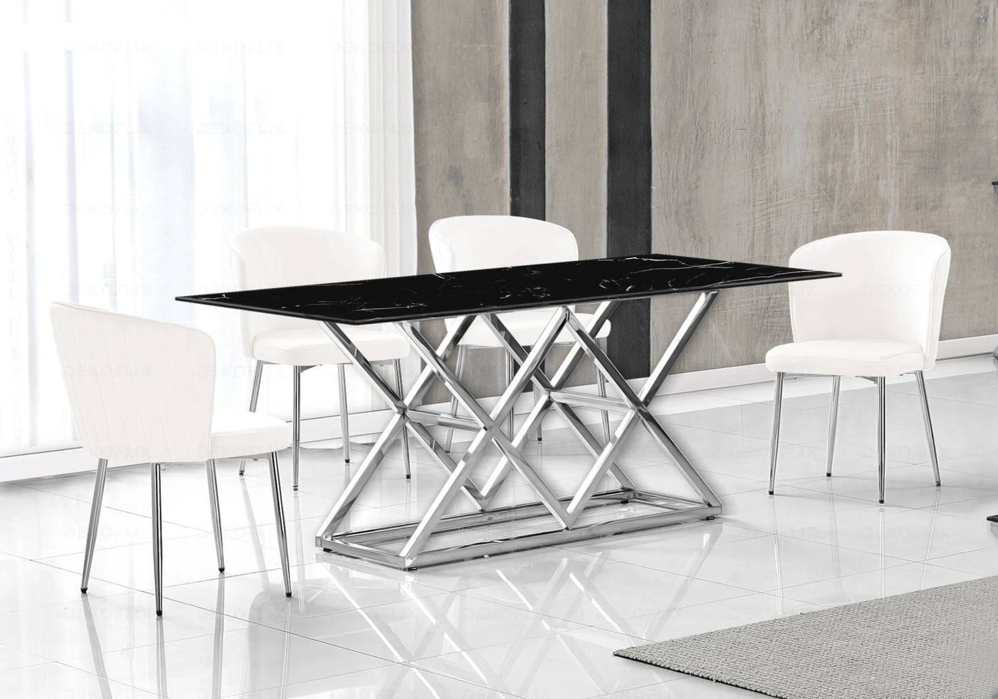 Table marbre noir et Chaises velours écru chromé ERLY - DEKOFLIX