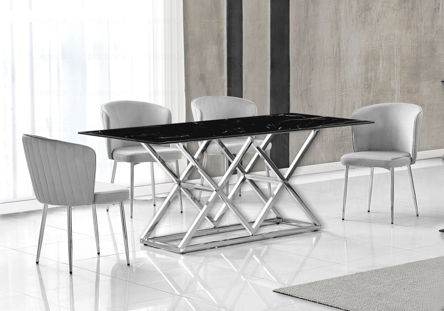 Salle à manger marbre noir et Chaises velours gris chromé ERLY
