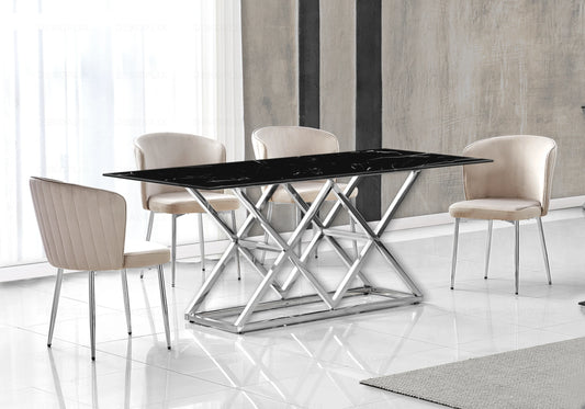 Salle à manger marbre noir et Chaises velours moka chromé ERLY - DEKOFLIX