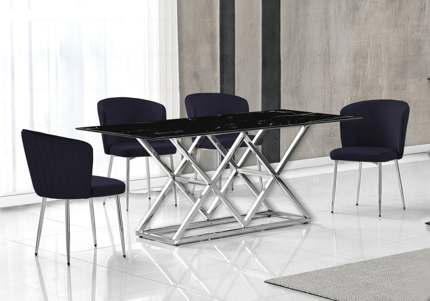 Chaise chromée velours noir DIVA - Lot de 4