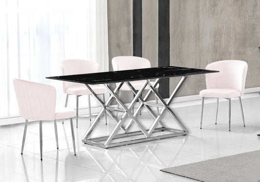 Salle à manger marbre noir et Chaises velours rose chromé ERLY - DEKOFLIX
