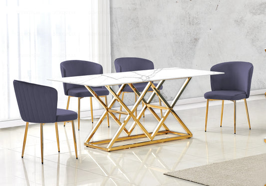 Salle à manger marbre blanc et Chaises velours anthracite doré ERLY - DEKOFLIX