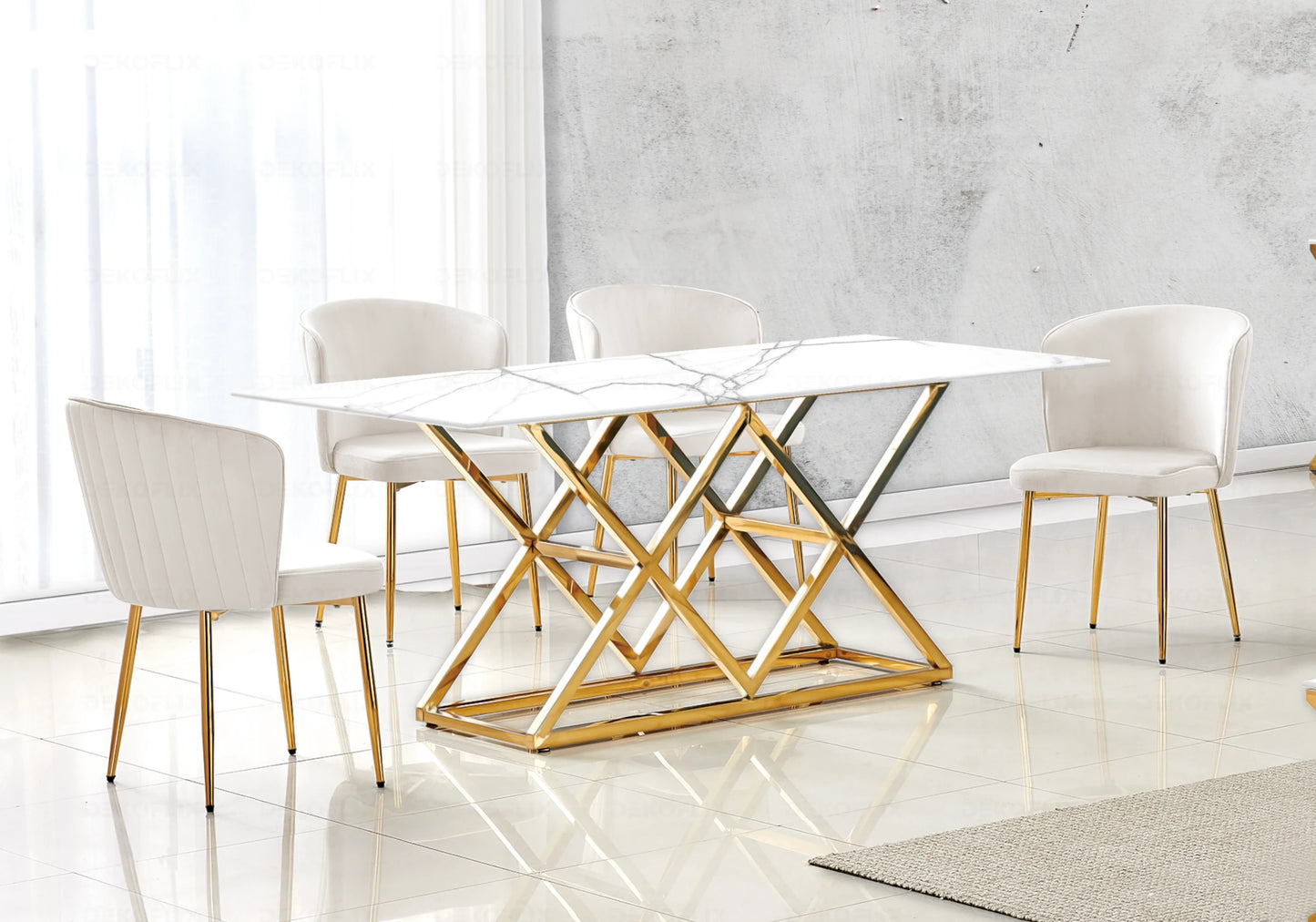 Table a manger dorée marbre blanc design ERLY - DEKOFLIX