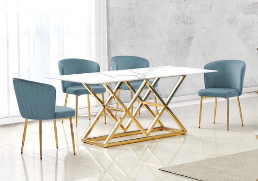 Salle à manger marbre blanc et Chaises velours bleu doré ERLY - DEKOFLIX