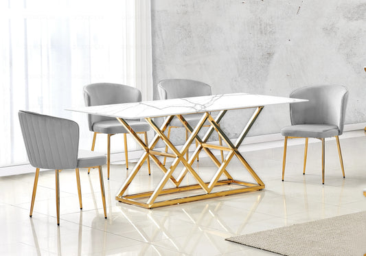Table marbre blanc et Chaises velours gris doré ERLY - DEKOFLIX