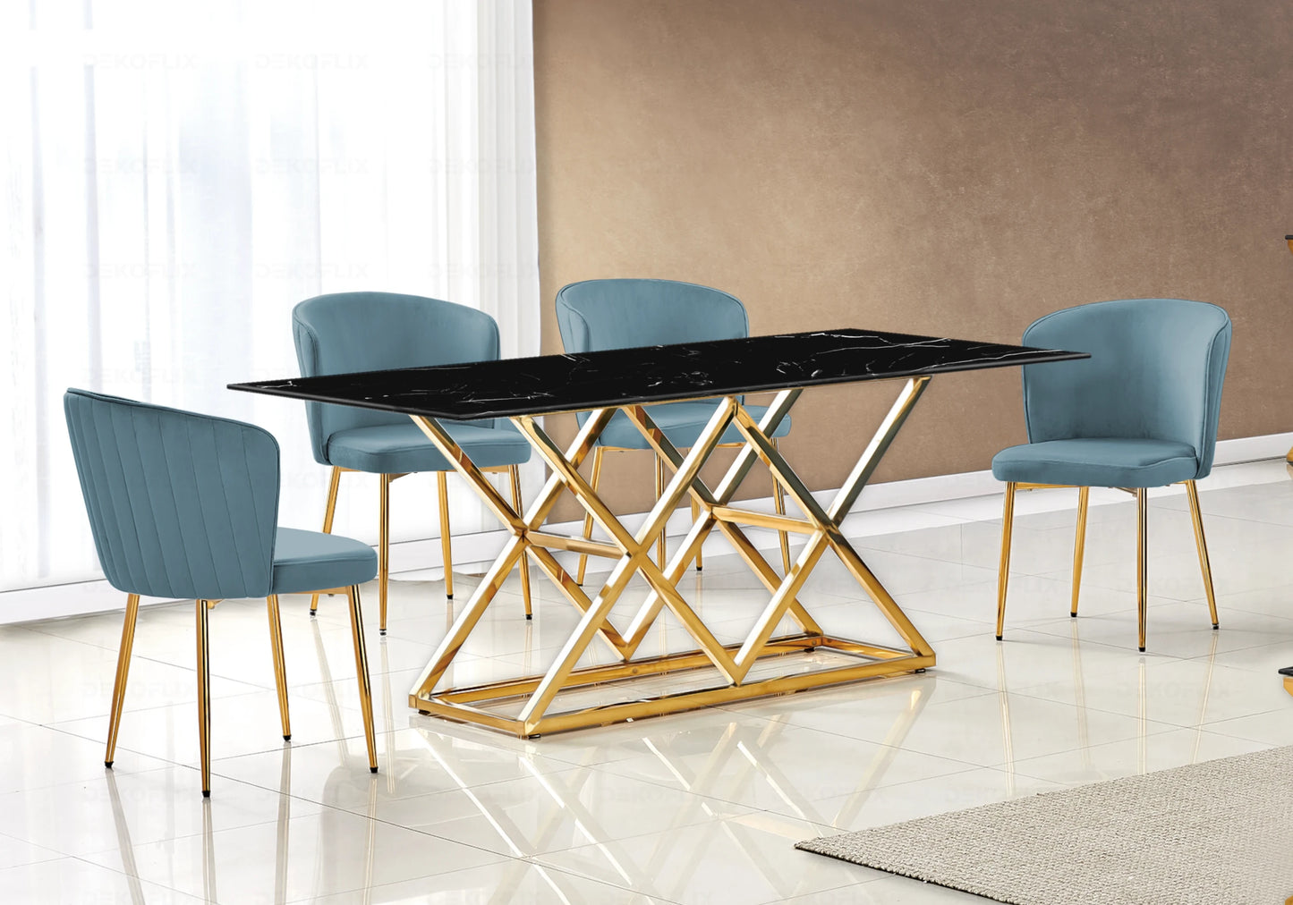 Salle à manger marbre noir et Chaises velours bleu doré ERLY - DEKOFLIX