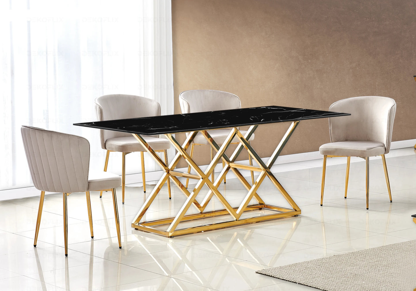 Table marbre noir et Chaises velours moka doré ERLY - DEKOFLIX