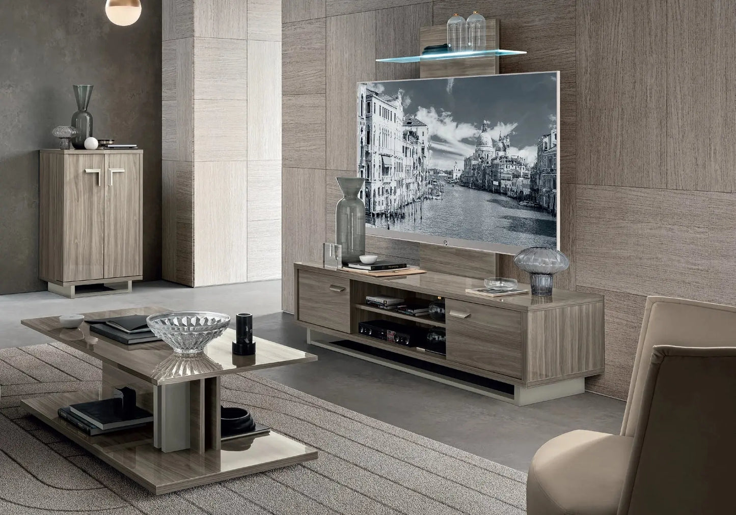 Ensemble meuble TV noyer nickel laquée LEILA CG Italy