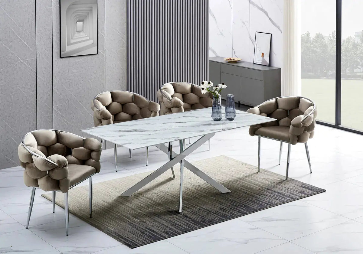 Ensemble table chaise argenté marbre blanc JOY pour repas élégants