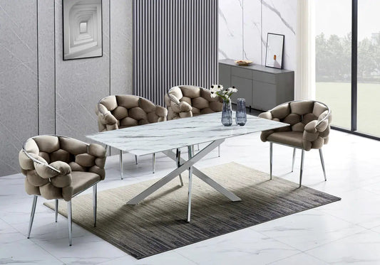 Ensemble table chaise argenté marbre blanc JOY pour repas élégants