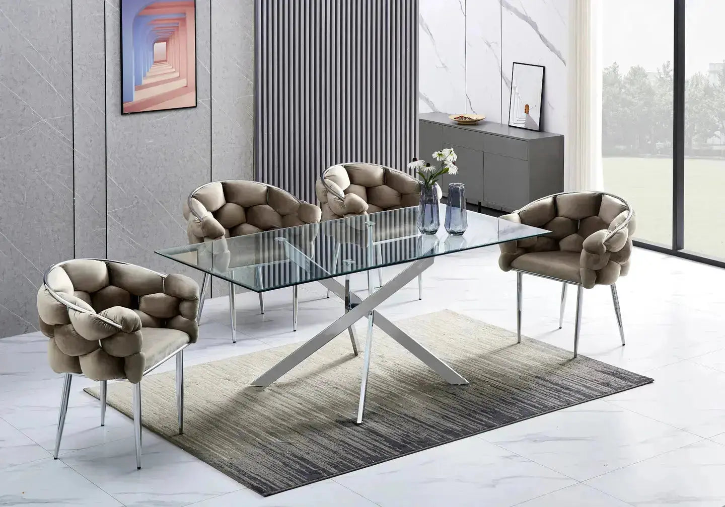 Ensemble table chaise argenté verre JOY New Design