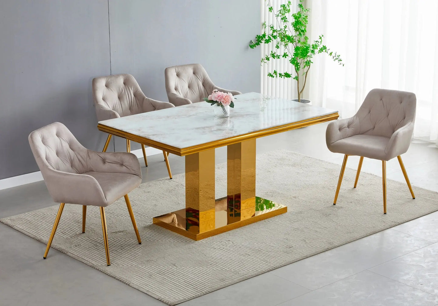 Ensemble table chaise dorée marbre noir VERSUS New Design