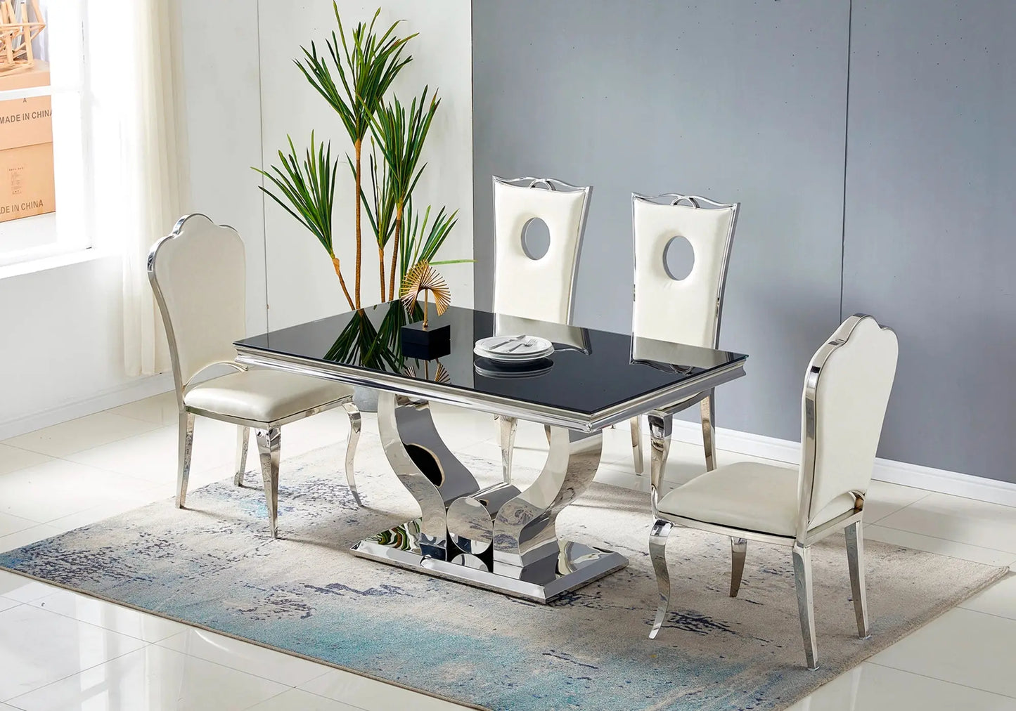 Ensemble table chaise marbre noir argent NEA New Design