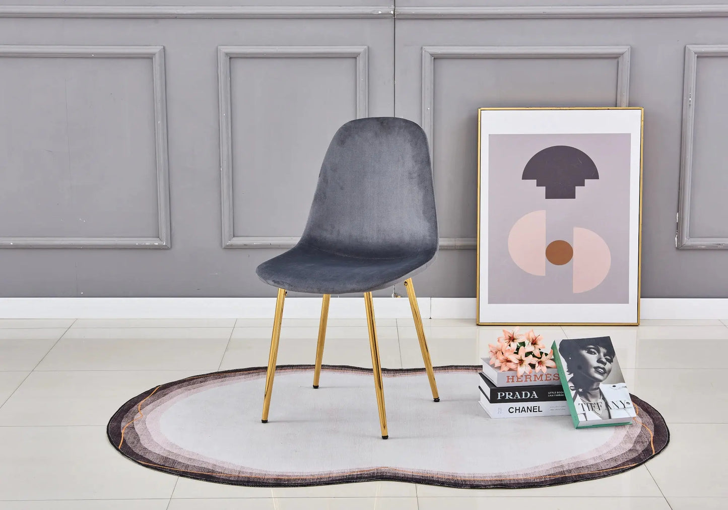 Ensemble table et chaises dorées velours anthracite GINA New Design