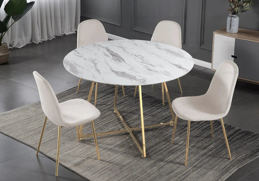 Ensemble table et chaises dorées velours beige GINA New Design