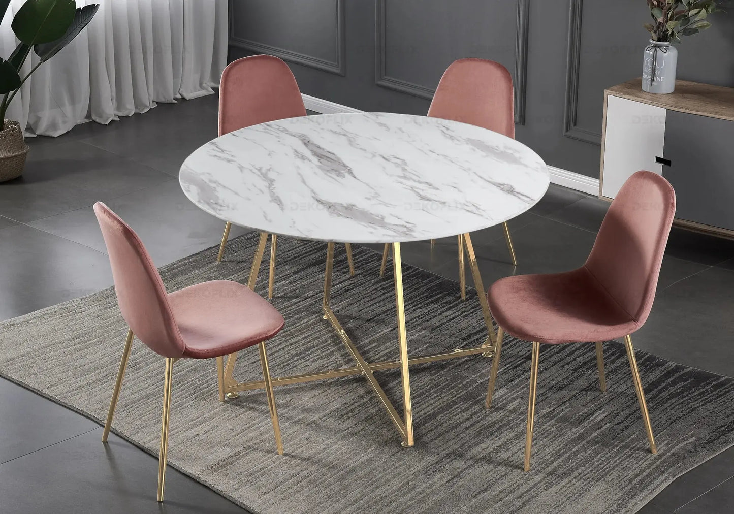 Ensemble table et chaises dorées velours rose GINA New Design