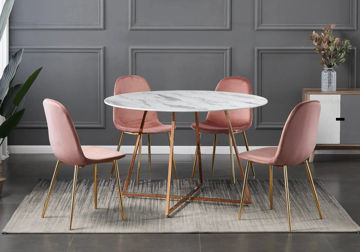 Ensemble table et chaises laiton velours rose GINA New Design