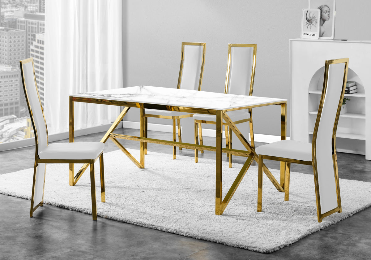 Table marbre blanc et 6 chaises simili-cuir doré – Jessy