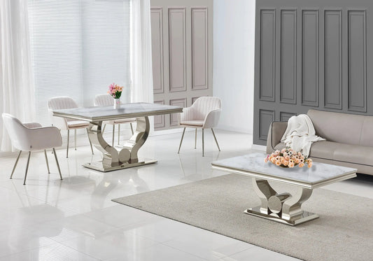 Ensemble table marbre beige et chaises beige NEA New Design
