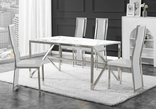 Table marbre blanc et 6 chaises croco argent – Jessy