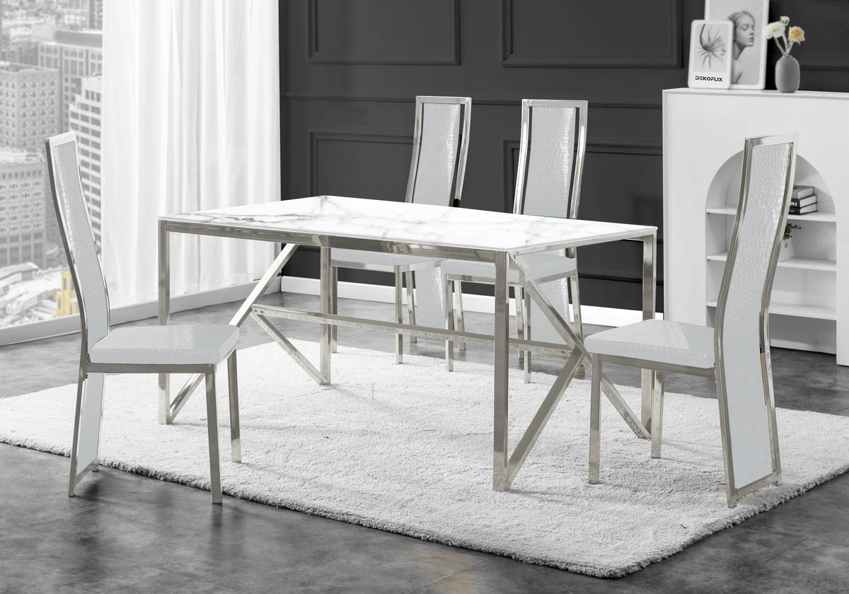 Table marbre blanc et 6 chaises croco argent – Jessy