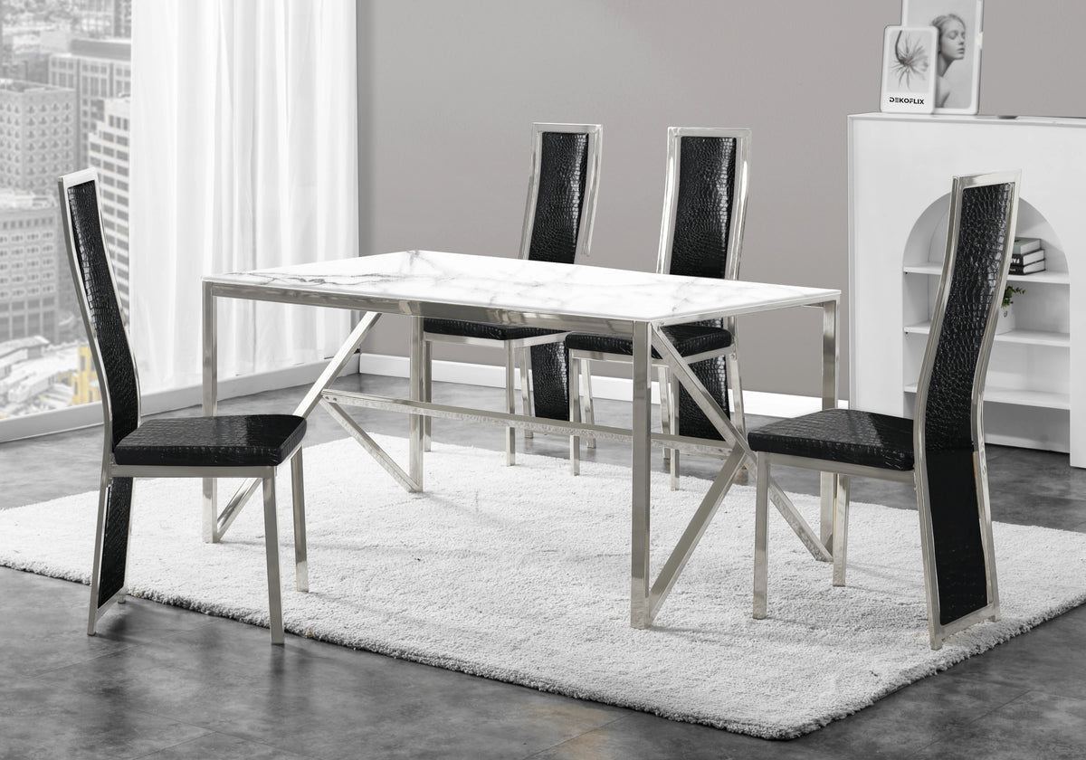 Table marbre blanc et 6 chaises croco argent – Jessy