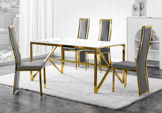 Table marbre blanc et 6 chaises simili-cuir doré – Jessy