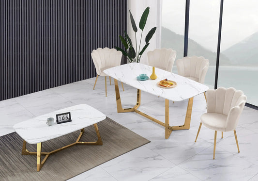 Ensemble table marbre et chaises dorées beiges GAYA New Design