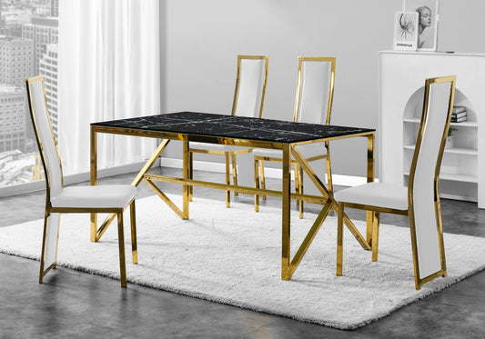 Table marbre noir et 6 chaises simili-cuir doré – Jessy
